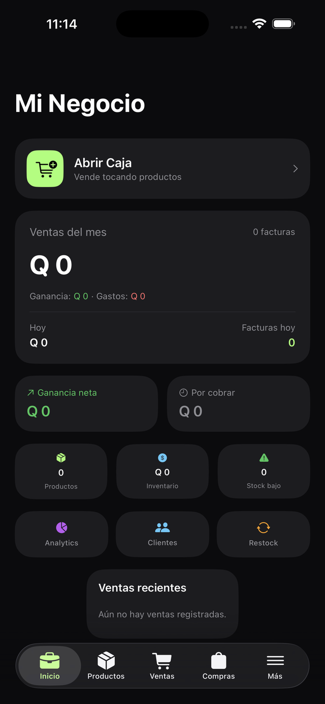 Panel de negocio de MaxBalance en modo Emprendedor