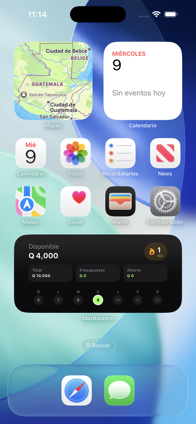 El widget de MaxBalance en la pantalla de inicio con la racha de la semana